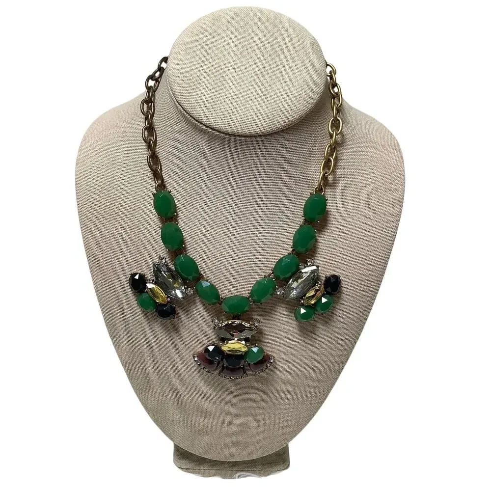 JCrew Gold Tone Jade Green Lucite Crystal Cluster Statement Necklace Boho F16-22
